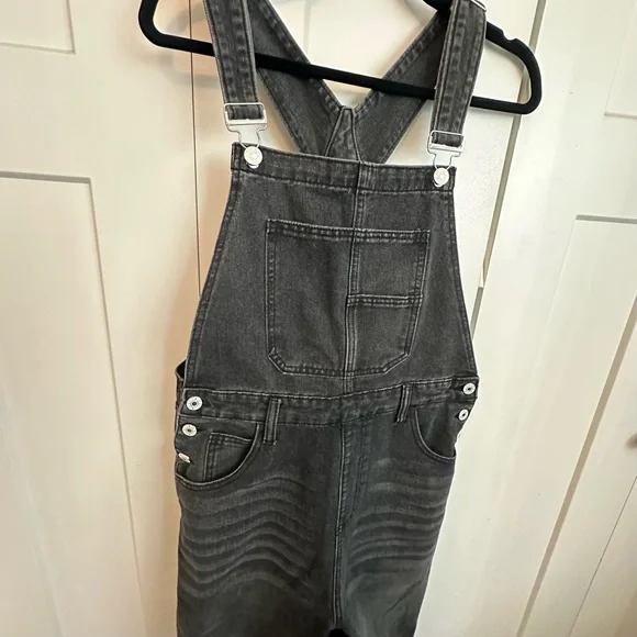 Washed Black Denim Overalls with Front Bib Pocket - Picture 2 of 7